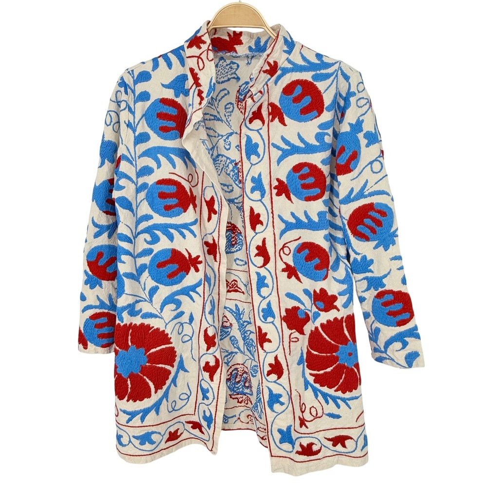 Handmade Suzani Embroidered Coat Womens M White Red Blue Floral Folk Boho Good